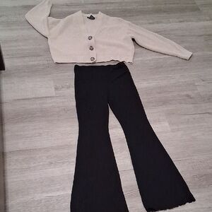 No Boundaries Cream Cardigan and Black Flare Pants Set